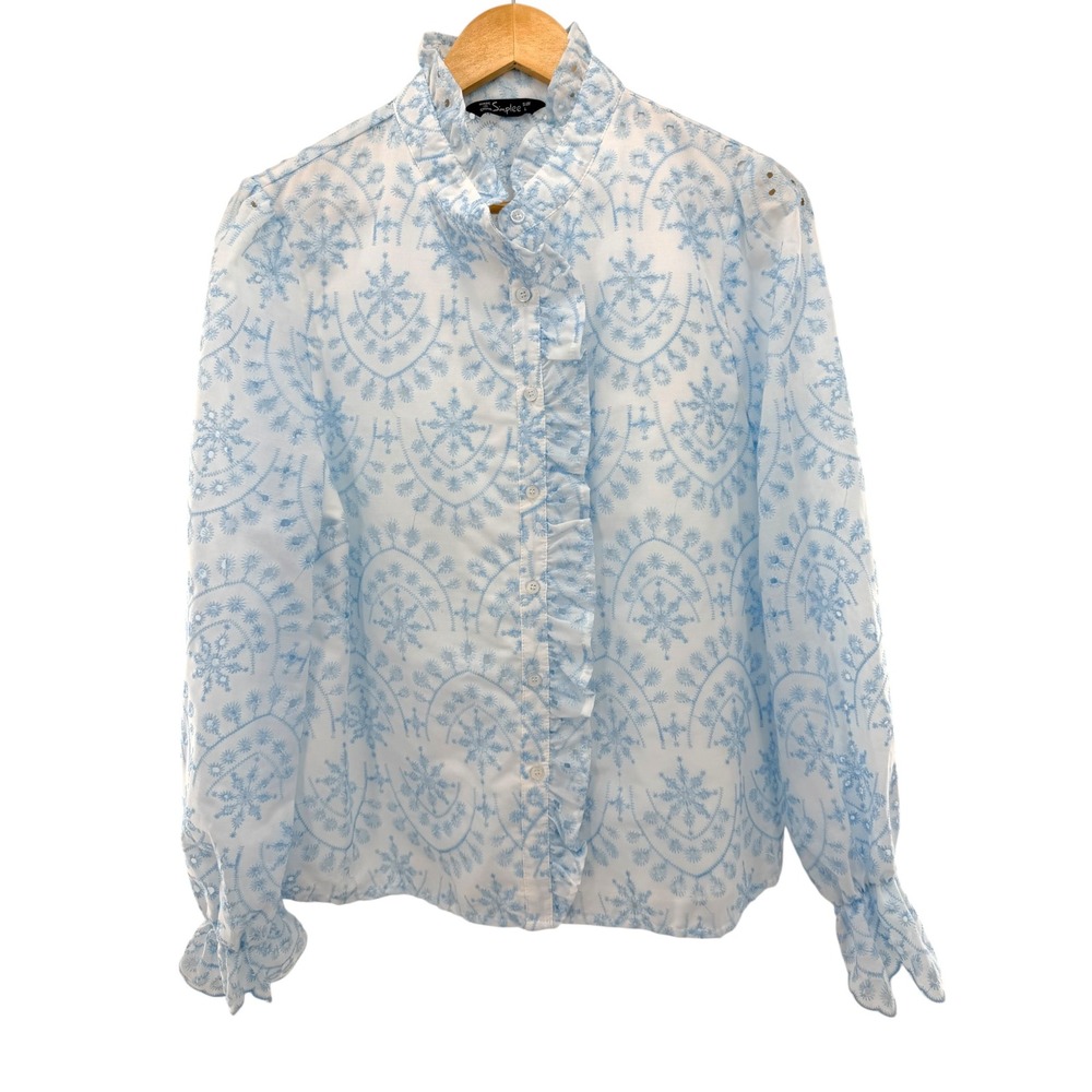 Simplee Eyelet Embroidered Ruffle Blouse Coquette Feminine Delicate Girly‎ L